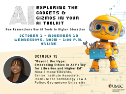 Yellow robot holding a blue toolbox with the speaker's name, presentation title, time, and date shown