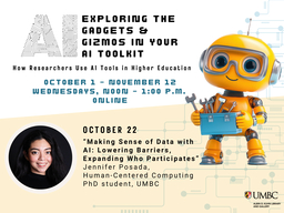 Yellow robot holding a blue toolbox with the speaker's name, presentation title, time, and date shown