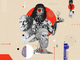 A collage of images depicting ancient philosophers as hybrids between a human and a robot