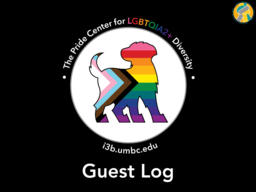 The Pride Center Logo, the Pride Pup, on a black background with the words Guest Log beneath it.