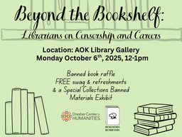 Flyer stating date and location for banned books event titled Beyond the Bookshelf: Librarians on Censorship and Careers