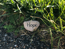A heart shaped rock with the word hope written on it sitting between pebbles and grass.