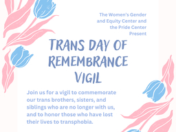 A blue and pink floral image with the words trans day of remembrance vigil.