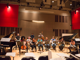 A group of musicians perform in a large room with red panels