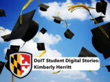 Graduation caps flying in the air with the text "DoIT Student Digital Stories: Kimberly Herritt"