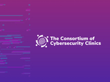 The Consortium of Cybersecurity Clinics logo displayed on a purple gradient background with digital glitch-style lines on the left side.