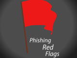 Red flag on a pole with text "Phishing Red Flags" positioned beneath it, against a gray background.