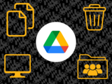 A graphic of the Google Drive logo in front of a black Maryland flag pattern with yellow graphics in the corners. The icons include a copied document icon (top left), a trash can (top right), a computer monitor (bottom left), and a shared folder icon (bottom right)