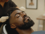 A man with closed eyes relaxes in a chair while a practitioner wearing gloves gently places acupuncture needles on the side of his head.