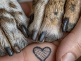 two dog paws on top of human hand with heart tattoo