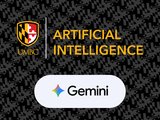 A black background patterned with a Maryland flag pattern. On top is a graphic of the UMBC shield and acronym and to the right reads the text "Artificial Intelligence". Below that is a graphic of the Google Gemini logo within a rounded grey box