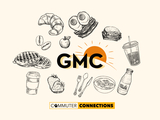Graphic featuring the letters “GMC” with a rising sun behind it, representing Good Morning Commuters. Surrounding the logo are hand-drawn illustrations of breakfast items including a croissant, eggs and bacon, waffles, a sandwich, coffee, juice, milk, fruit, and cereal. The Commuter Connections logo appears at the bottom.